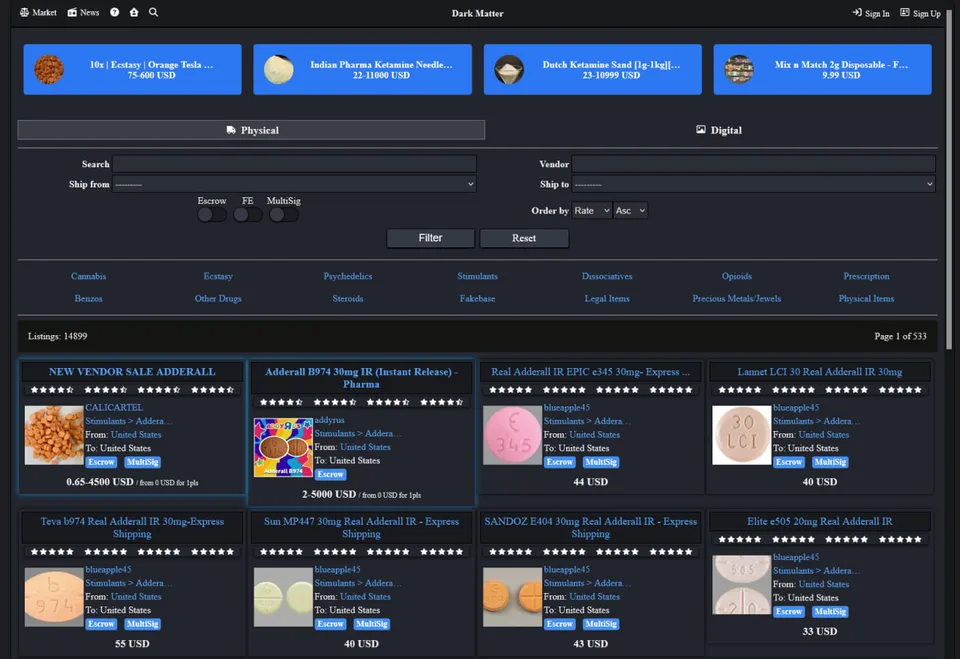 Operator-provided Dark Matter Market interface capture used as a still