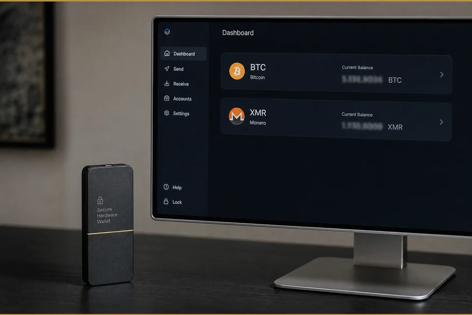 Hardware wallet and cryptocurrency tickers used as a settlement plate