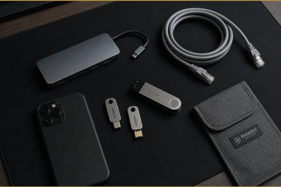 Hardware keys and a Faraday sleeve used as a security plate